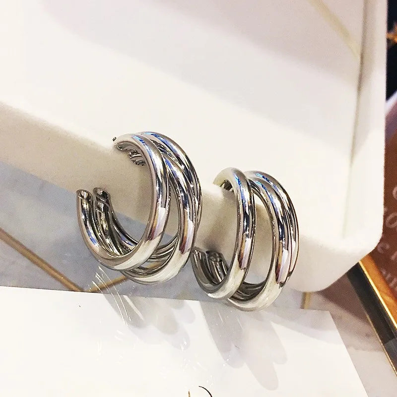 UILZ Gold Silver Color Hoop Earrings For Women Korean Fashion Three-layer Hoops Big Thick Round Earrings Piercing Jewelry Gifts