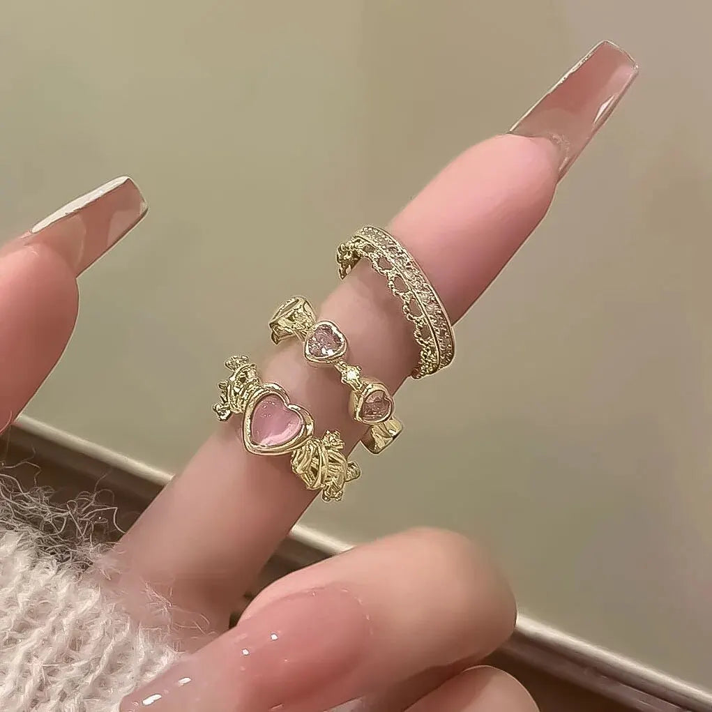 3 Pcs/set Love Heart Rings For Women Girls Light Luxury Rhinestone Opening Ring Sweet Finger Ring Wedding Party Accessories