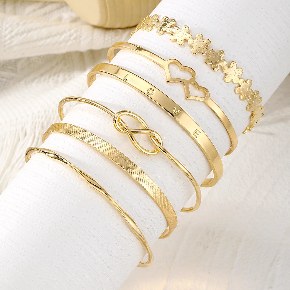 New Elegant Letter Love Bangle Gold Color Heart Flower Hollow Opening Bracelets Set Female Trendy Jewelry