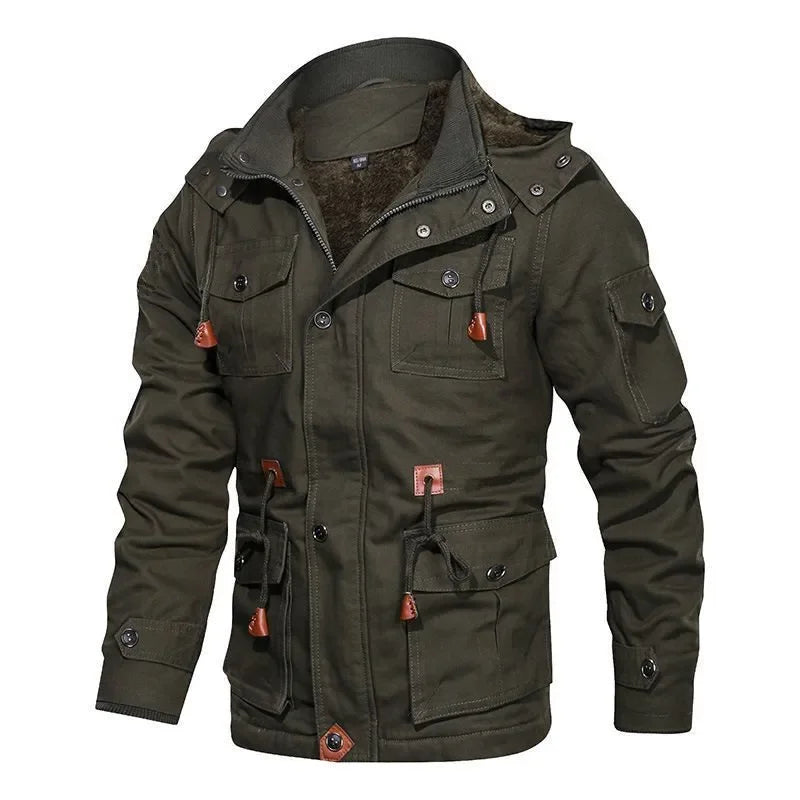 Men's Winter Jacket Hooded Casual Cotton Coat Retro Coat Men's Cotton Casual Fleece Long Jacket Men's Outdoor Tooling Coat