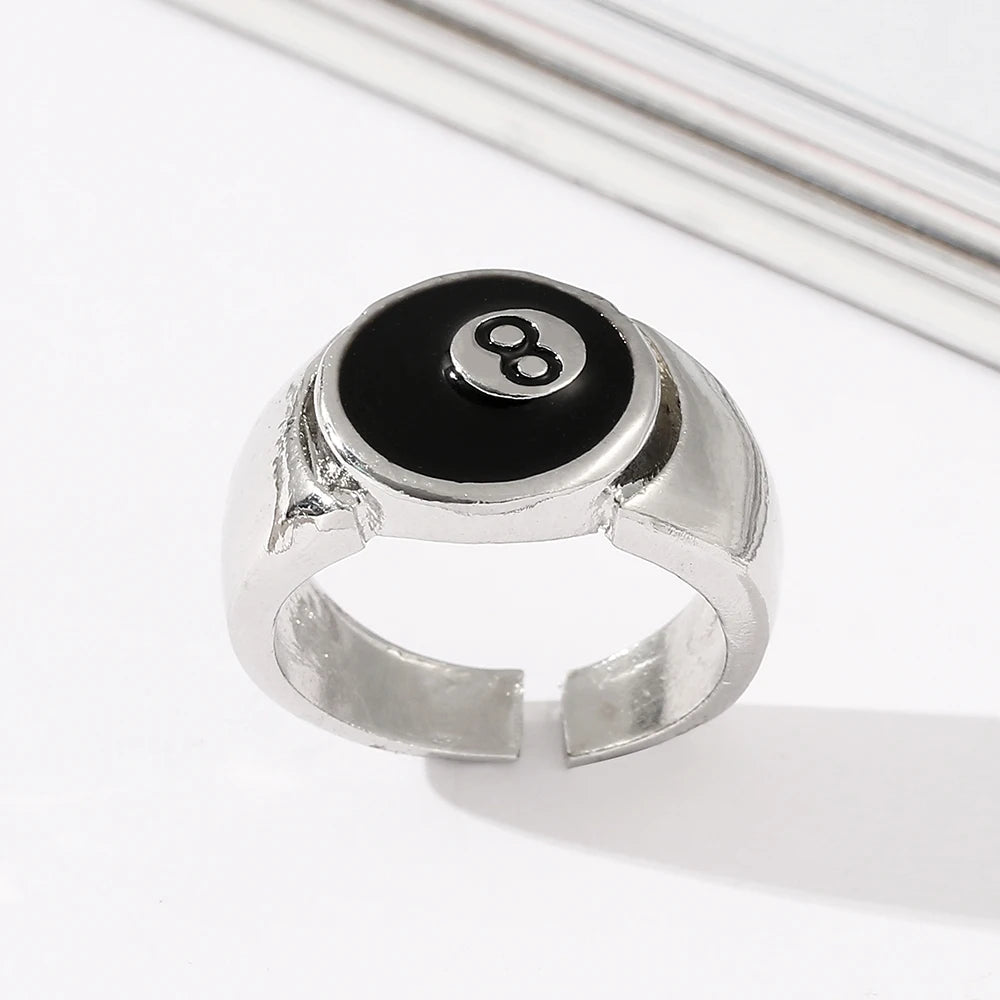 Punk Style Billiard Number Black 8 Opening Adjustable Rings Metal Alloy Rings Fashion Hip Hop Rock Jewelry For Women And Men