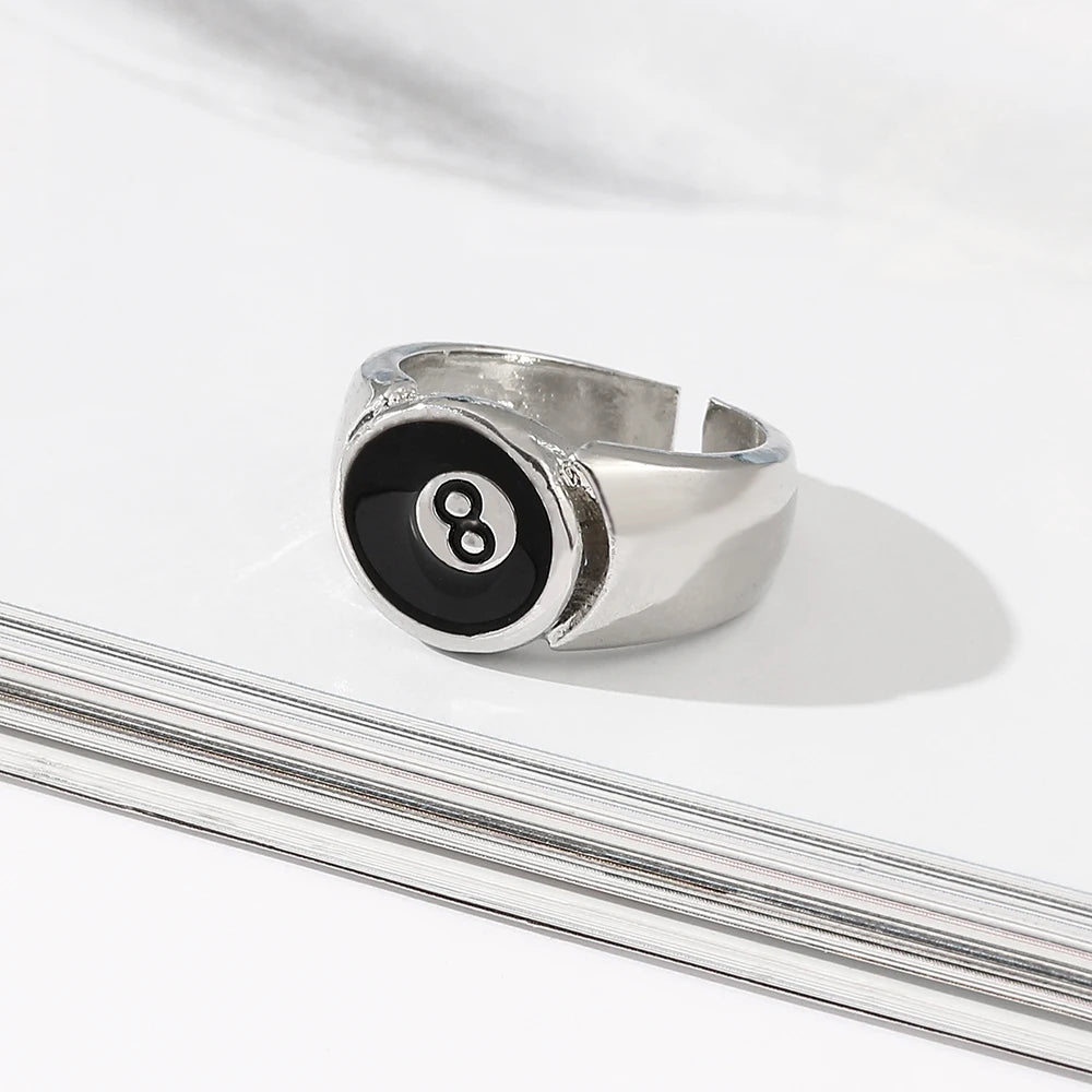 Punk Style Billiard Number Black 8 Opening Adjustable Rings Metal Alloy Rings Fashion Hip Hop Rock Jewelry For Women And Men