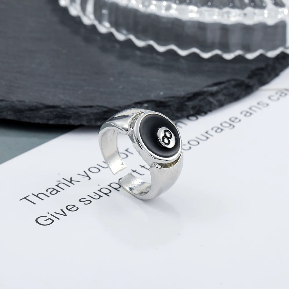 Punk Style Billiard Number Black 8 Opening Adjustable Rings Metal Alloy Rings Fashion Hip Hop Rock Jewelry For Women And Men