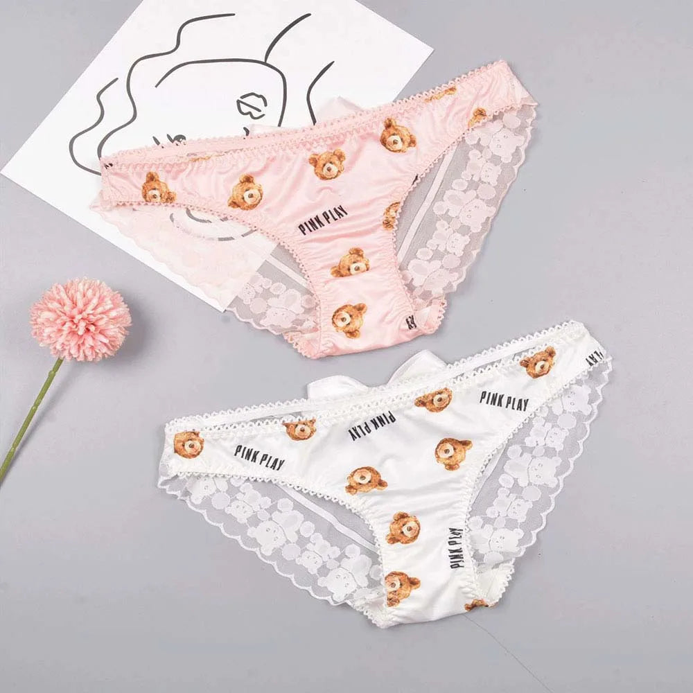 Women Cute Bear Panties Low Waist Lace Ruffled Kawaii Lingerie Milk Silk Underwear Female Lady Underwear