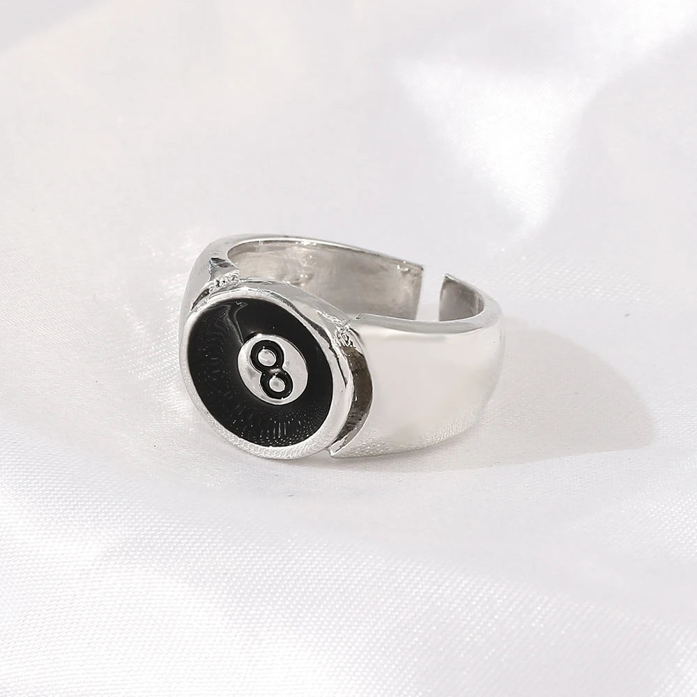 Punk Style Billiard Number Black 8 Opening Adjustable Rings Metal Alloy Rings Fashion Hip Hop Rock Jewelry For Women And Men
