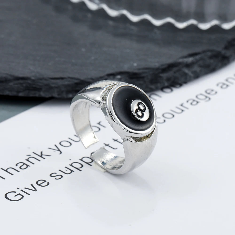 Punk Style Billiard Number Black 8 Opening Adjustable Rings Metal Alloy Rings Fashion Hip Hop Rock Jewelry For Women And Men