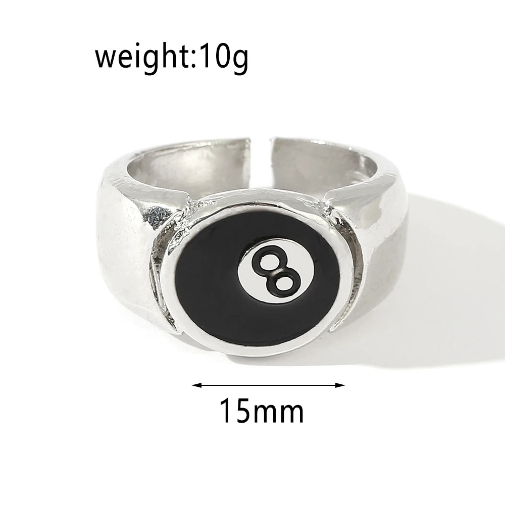 Punk Style Billiard Number Black 8 Opening Adjustable Rings Metal Alloy Rings Fashion Hip Hop Rock Jewelry For Women And Men