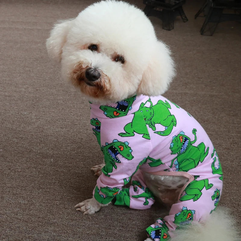 Pet Dog Jumpsuit Puppy Clothes Thin Stretchy Pajamas Pink Printed 100%Cotton Overalls For Small Dogs Chihuahua Poodle Home Wear