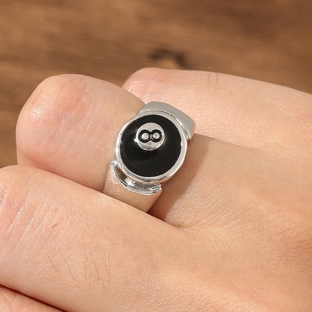Punk Style Billiard Number Black 8 Opening Adjustable Rings Metal Alloy Rings Fashion Hip Hop Rock Jewelry For Women And Men
