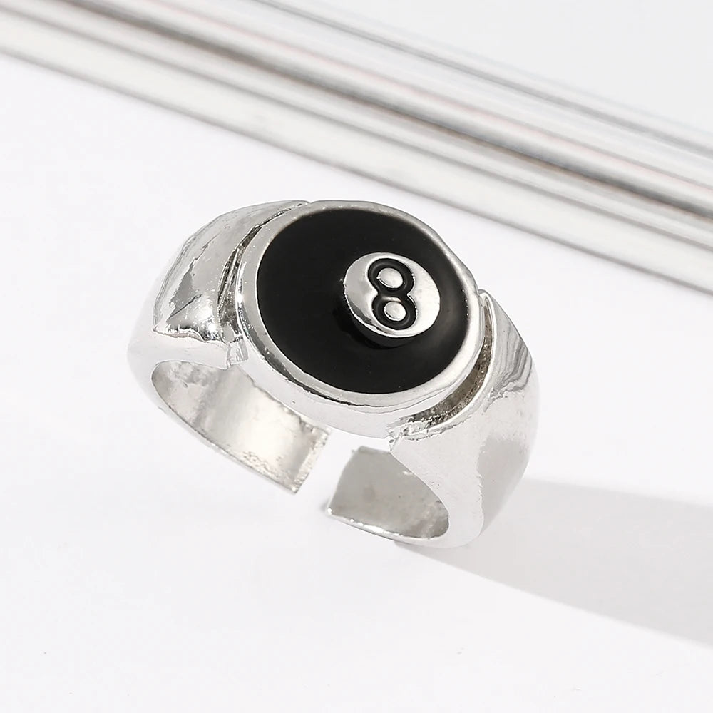 Punk Style Billiard Number Black 8 Opening Adjustable Rings Metal Alloy Rings Fashion Hip Hop Rock Jewelry For Women And Men
