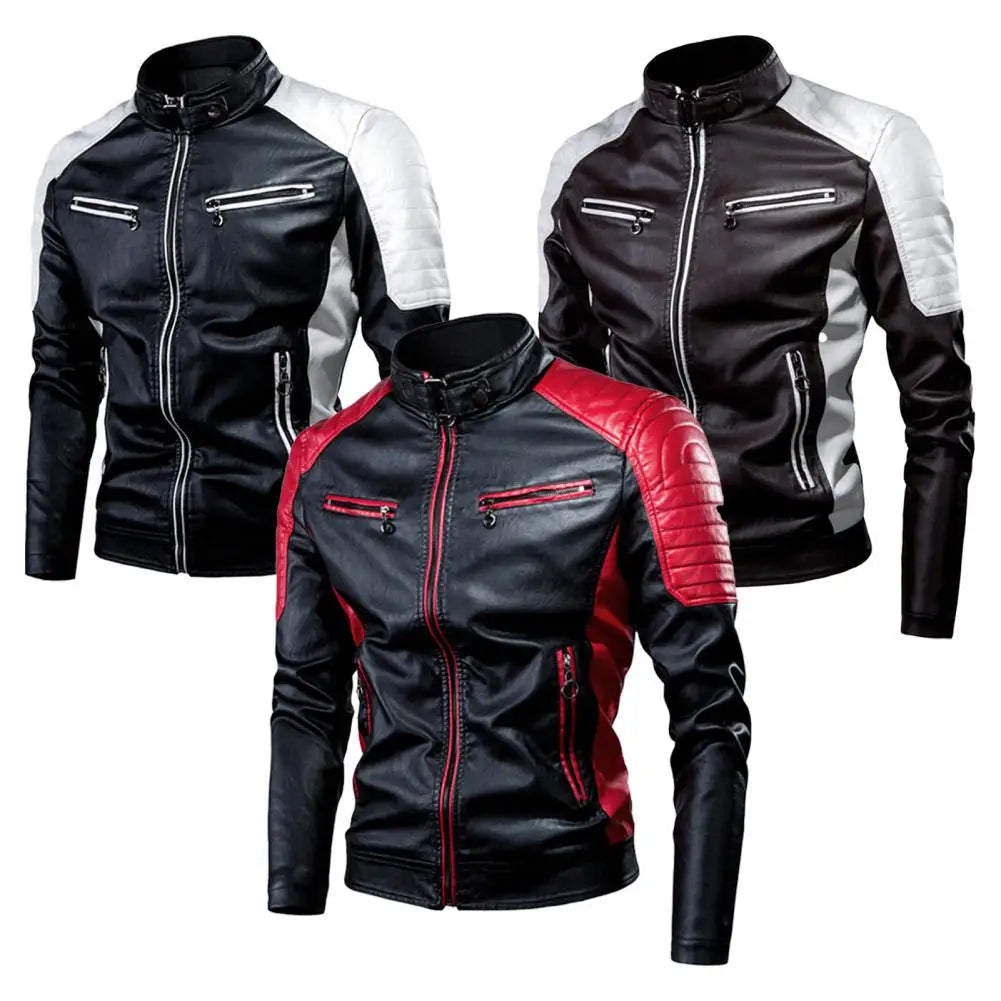 Men's Winter Pu Jacket Motorcycle Waterproof Cool Contrast Colors Classic Biker Leather Jacket Aviator Motor Autumn Coat