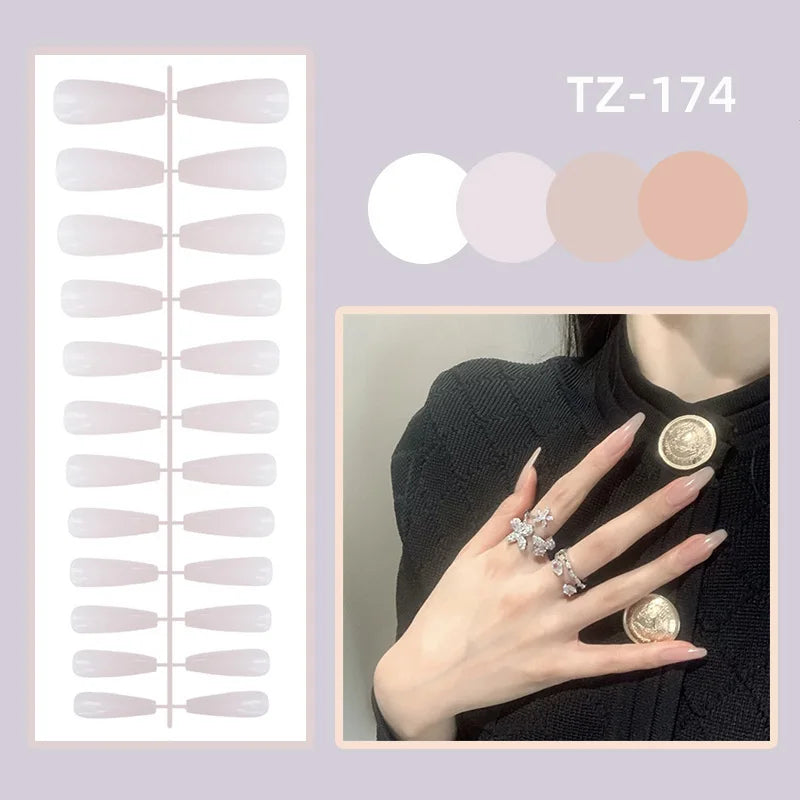 24ps/Box Long Ballerina Full Cover Artificial French False Nails Art Green Graffiti Color Blocking Gold Thread Fake Nail Tips