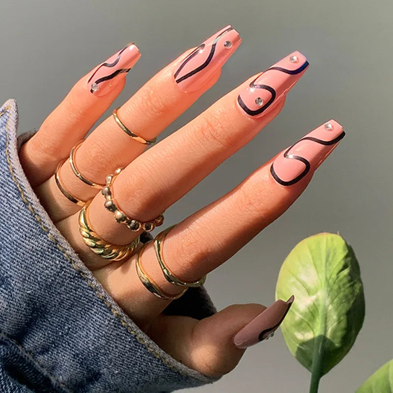 24ps/Box Long Ballerina Full Cover Artificial French False Nails Art Green Graffiti Color Blocking Gold Thread Fake Nail Tips