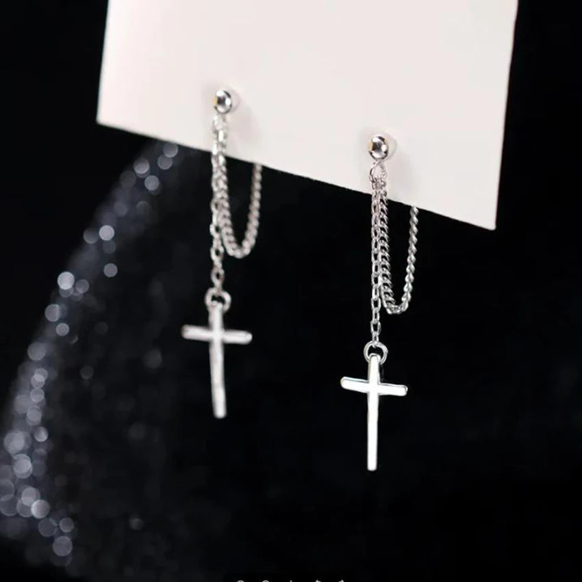 2 Pcs Punk Silver Color Cross Drop Earrings for Women Men Gothic Hip Hop Long Tassel Hanging Earring Jewelry Gift Bijoux
