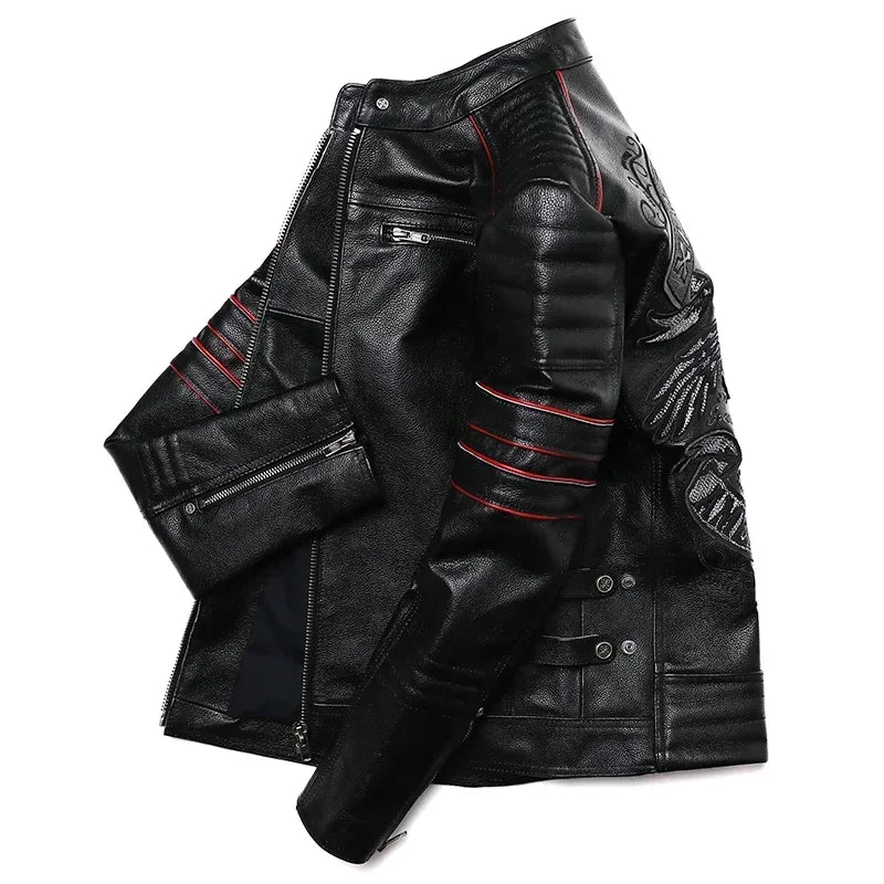 2025 New Embroidery Skull Fashion Genuine Leather Jacket Men's Natural Cowhide Motorcycle Jacket Slim Moto Coat Size S-6XL