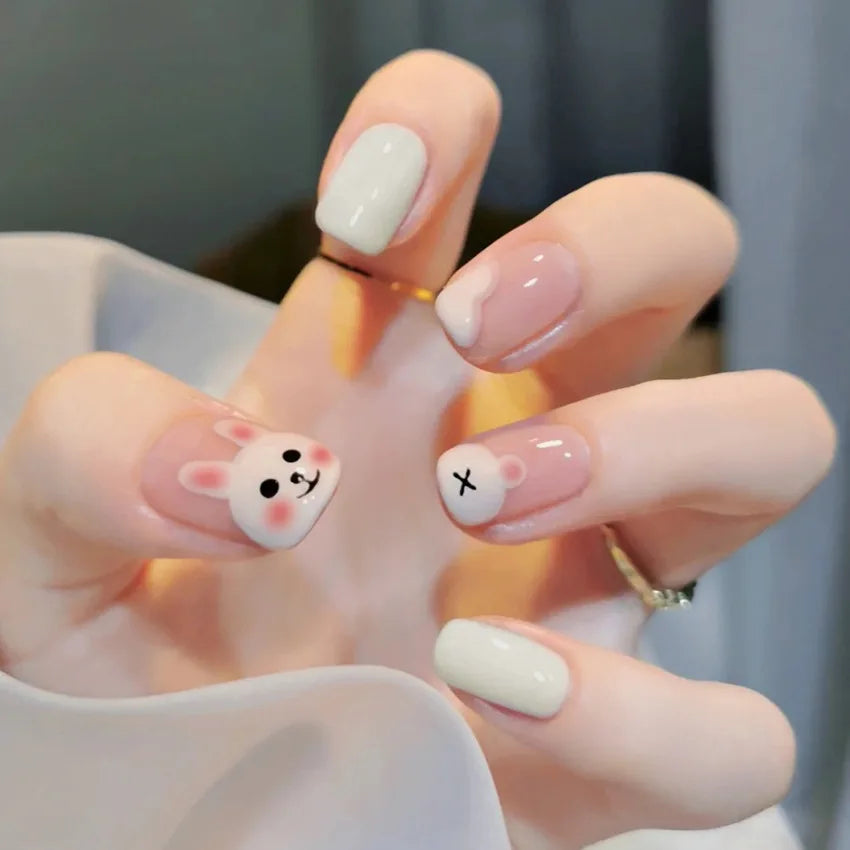 24Pcs Mid-length Ballet False Nails Cute Childlike Rainbow Press On Nails Iced Through Milk Tea Fake Nails Free Shipping Items