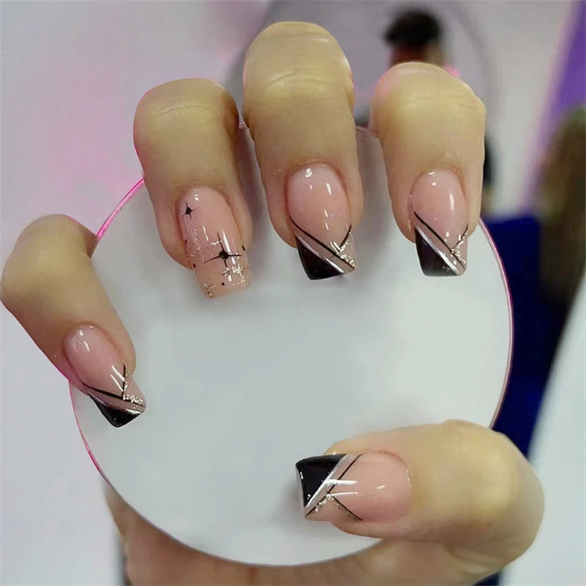 24Pcs Medium Long Ballet Fake Nails Art Flat Head Gold Line Frosted False Nails Press on Full Cover Removable Stick on Nail Tips