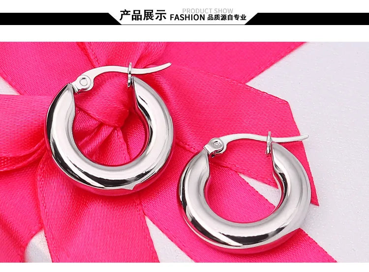 Surgical Steel Gold Color Tone Women Fat Chunky Earrings Stainless Wives Round Smooth Thick Hoops Statement Jewelry 20mm/25mm