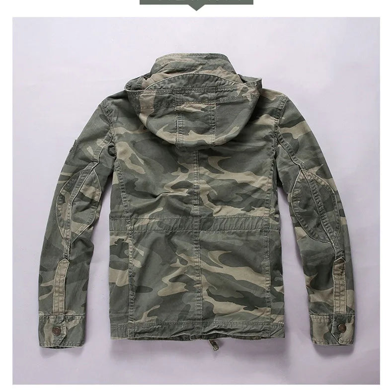 Men's Long Sleeved Hooded Camouflage Jacket Multi Bag Mid Length Storage Outdoor Trekking Camping Riding Sport Tops Amekaji Coat