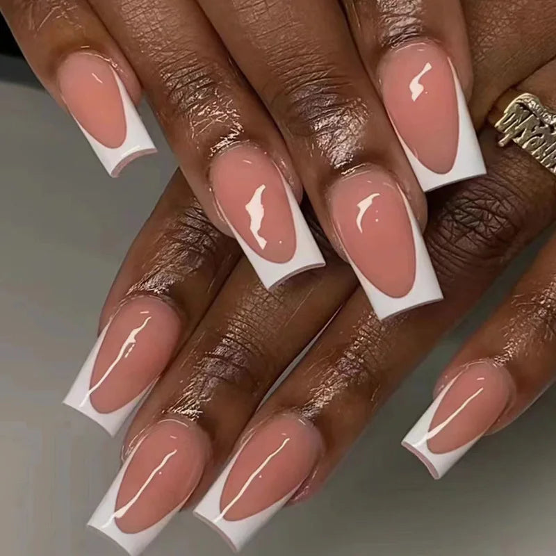 24Pcs Medium Long Ballet Fake Nails Art Flat Head Gold Line Frosted False Nails Press on Full Cover Removable Stick on Nail Tips