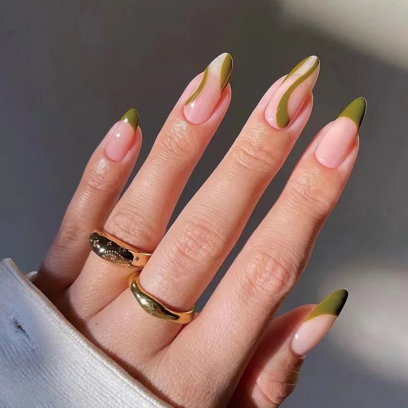 24pcs French Green Edge Seamless Removable Fake Nails Capsule Finished Full Cover Waterproof Artificial Press On False Nails
