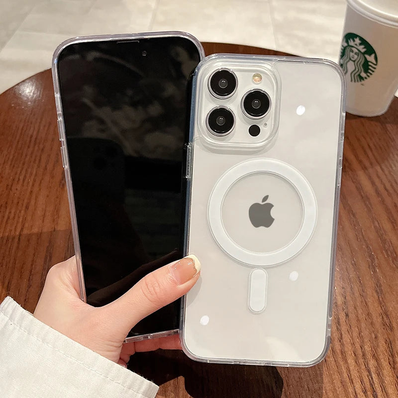 For Magesafe Magnetic Transparent Wireless Charge Case for iPhone 16 15 14 13 12 11 Pro Max Mini Plus Shockproof Hard PC Cover