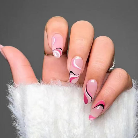 24Pcs Almond Wearing False Nails Art Girls Colored Lines Artificial Acrylic Removable Full Cover Fake Nails Press On Nail Tips