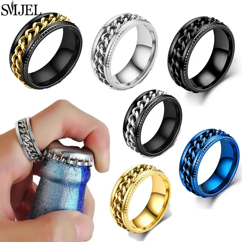 Cool Stainless Steel Rotatable Chain Men' Ring Multifunctional Fashion 8mm Fidget Spinner Rings Couple Jewelry bague homme 2024
