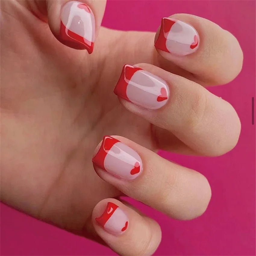 24p Artificial Acrylic Nail Art Fake Nails Full Coverage Removable Press On Nails Tip French Light Pink Heart False Nail Designs