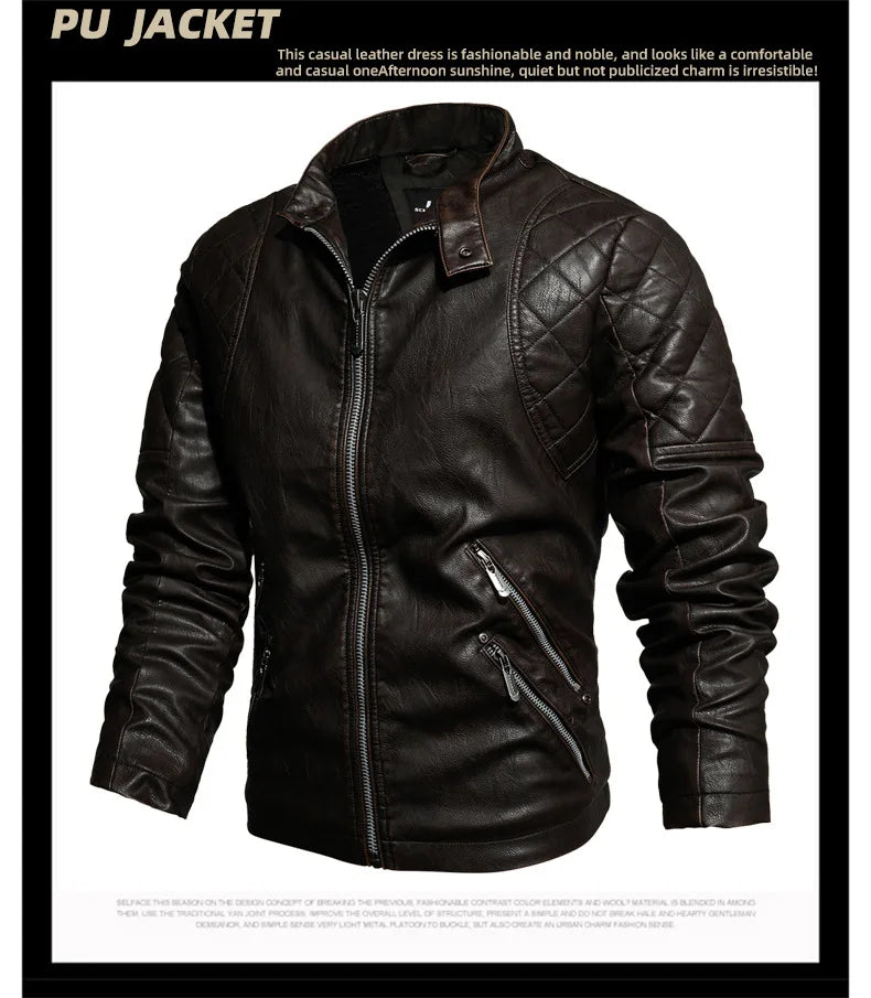 Autumn Winter Outdoor Casual Motor Biker PU Leather Jacket Men Fashion Leather Jacket Men Motorcycle Slim Fleece Jacket Coat