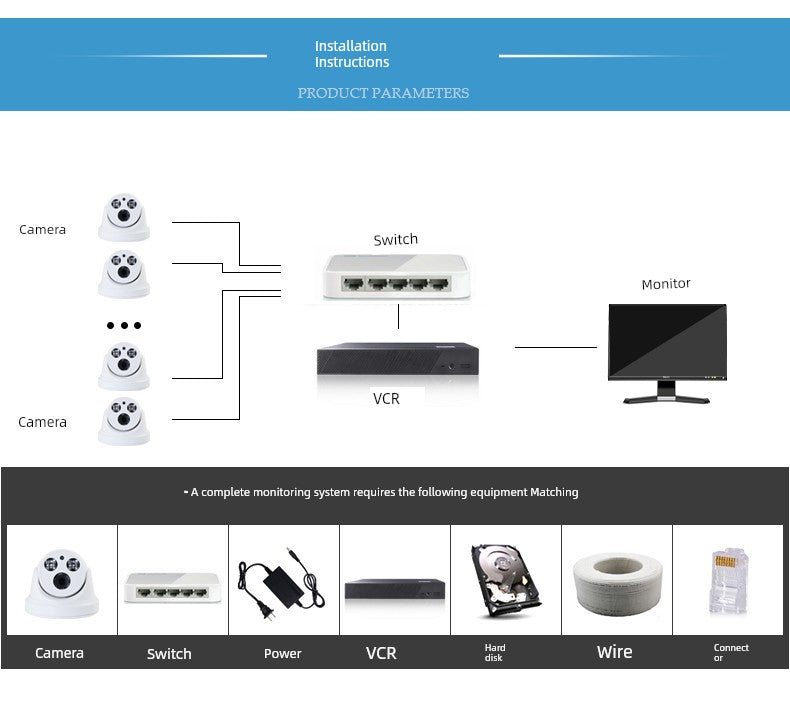 Wired Digital HD Night Vision Poe For Home Dome Network Camera H.265 Audio Monitoring Network Cable Power Supply