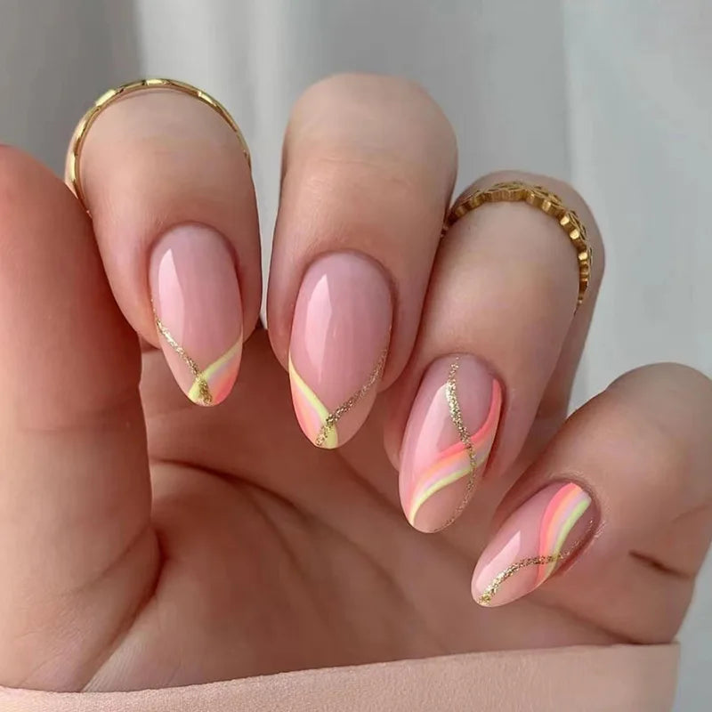 24Pcs Ballerina Press On Nail Tips Oval Head False Nails Almond Artificial Fake Nails With Glue Full Cover Press Manicure Tools