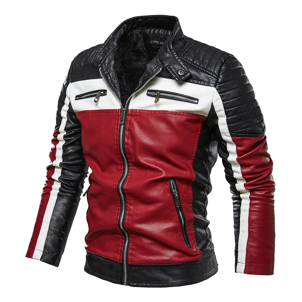 Men Fur Lined Warm Motorcycle Jacket Slim Street Fashion BLack Biker Coat Pleated Design Zipper 2024 Winter Black Leather Jacket