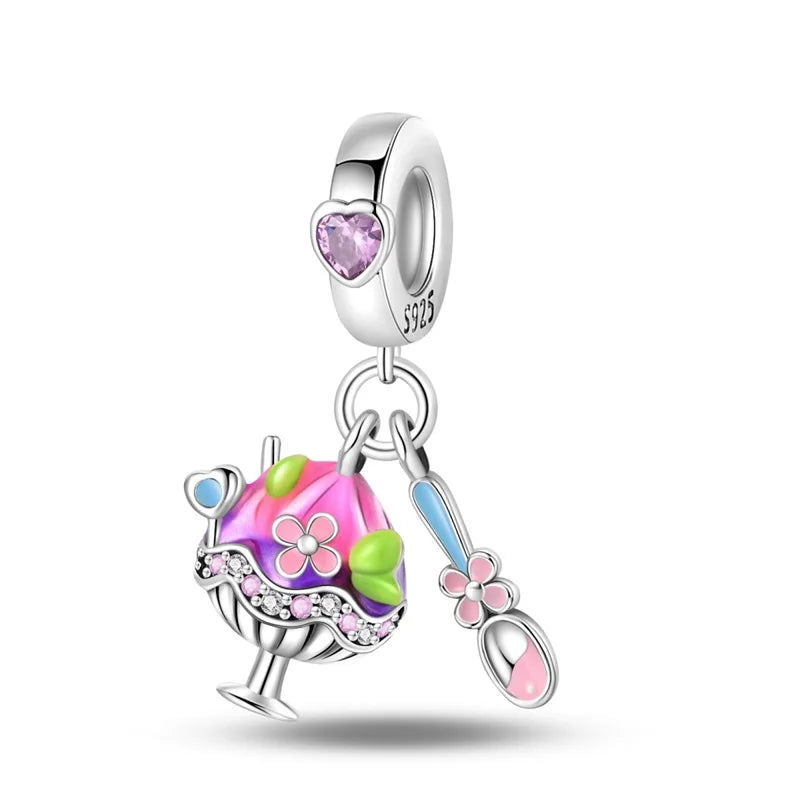 925 Silver Charms Beads Fit 3mm Original Bracelet Game Machine Box Afternoon Tea Dessert Romantic Pink Pendant DIY Jewelry