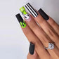 24ps/Box Long Ballerina Full Cover Artificial French False Nails Art Green Graffiti Color Blocking Gold Thread Fake Nail Tips