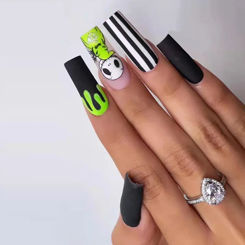 24ps/Box Long Ballerina Full Cover Artificial French False Nails Art Green Graffiti Color Blocking Gold Thread Fake Nail Tips