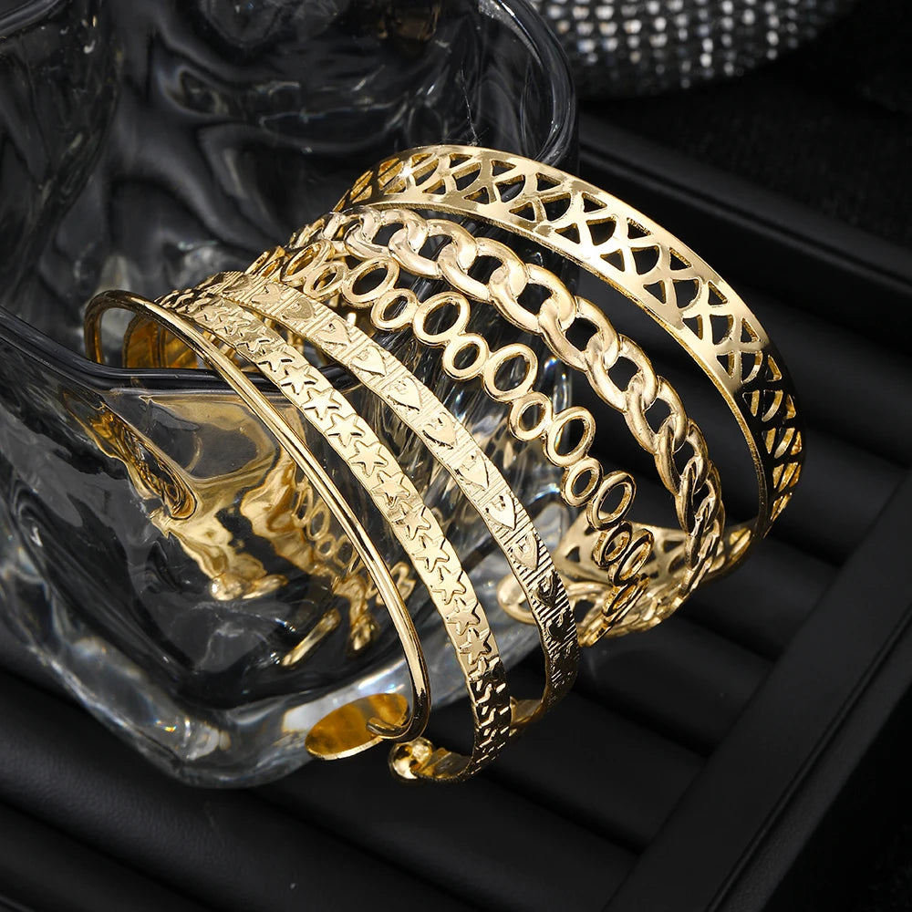 New Elegant Letter Love Bangle Gold Color Heart Flower Hollow Opening Bracelets Set Female Trendy Jewelry