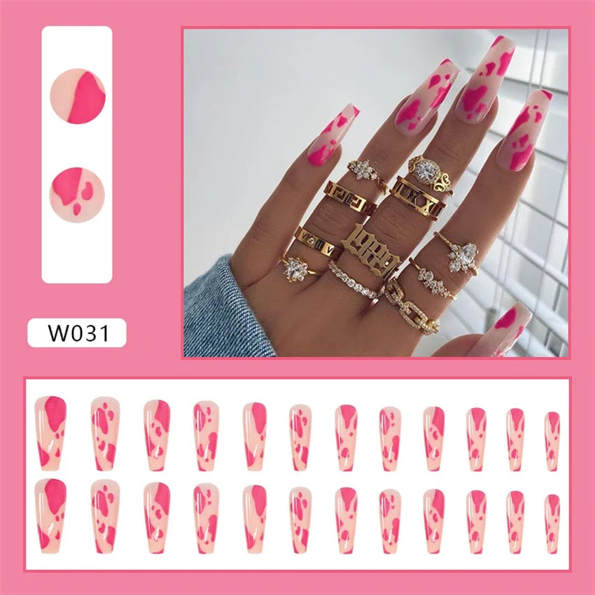 24p Artificial Acrylic Nail Art Fake Nails Full Coverage Removable Pressing Nail Tips Lotus Root Pink Leopard Print False Nails