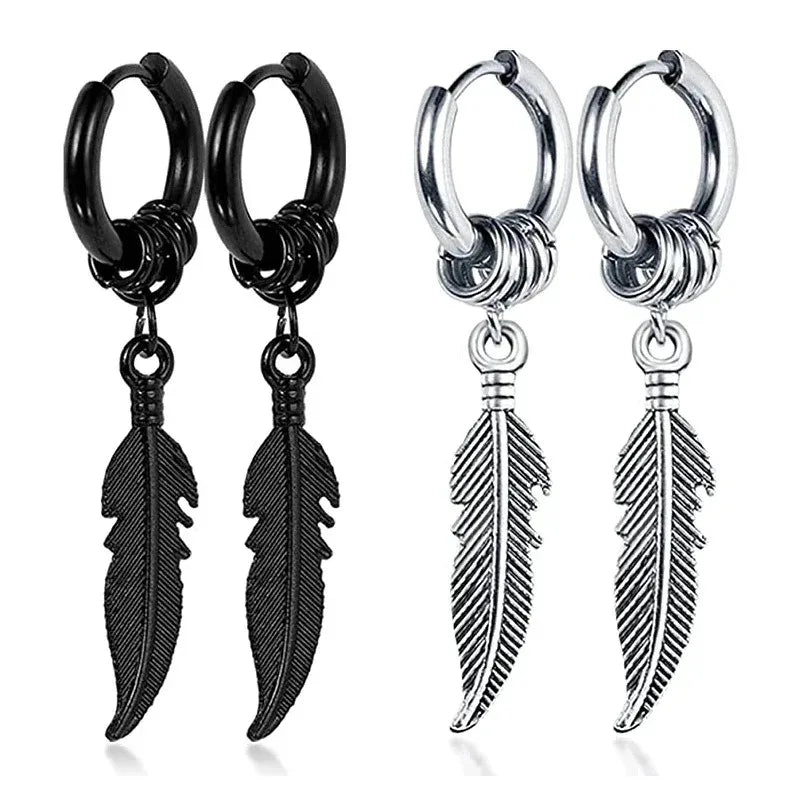 2pcs Fashion Cross Feather Stud Earrings, Punk Rock Style For Women Men High Quality Stainless Steel Hiphop Ear Jewelry