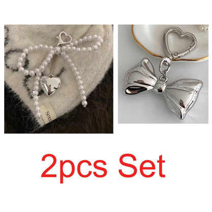 ZAKOL White Bowknot Heart Keychain Women Sweet Charm Pearl Bow Backpack Key Ring Handmade Jewelry Ornament Bags Pendants Gif