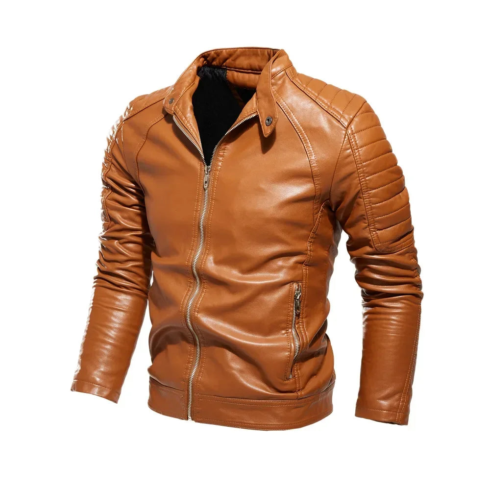 2024 Winter Black Leather Jacket Men Fur Lined Warm Motorcycle Jacket Slim Street Fashion BLack Biker Coat Pleated Design Zipper