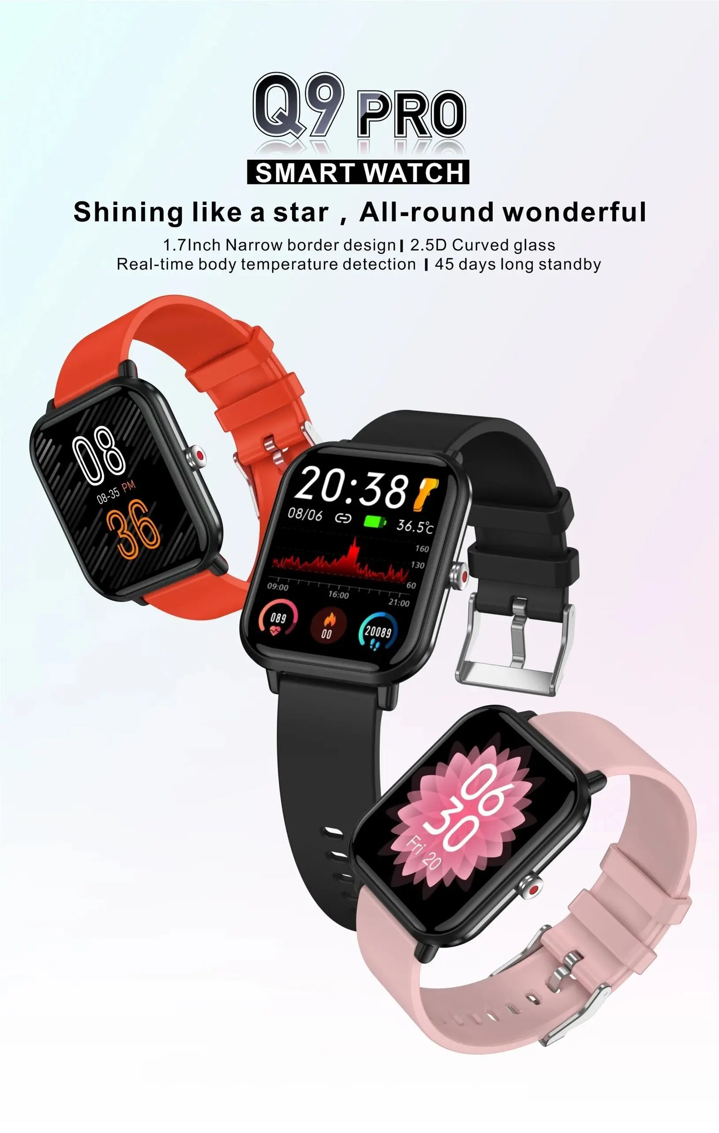 New Q9 Pro Smart Watch Body Temperature Monitor Music Control Sports Waterproof Smart Watch for Men Women Smartwatch