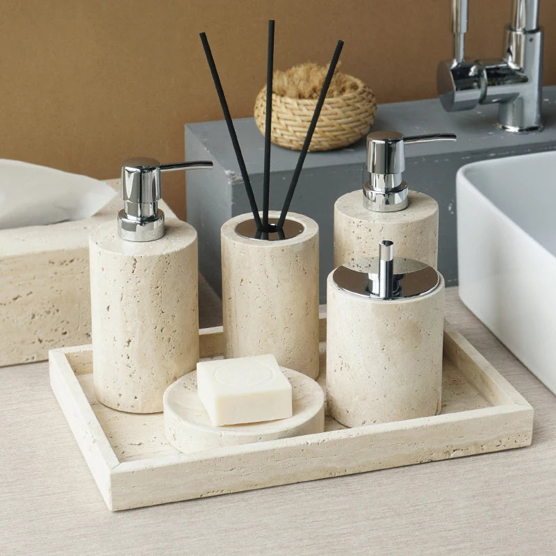 Beige Travertine Bathroom Accessories Set Natural Marble Soap Dispenser Soap Dish Reed Diffuser Vanity Tray Bathroom Set