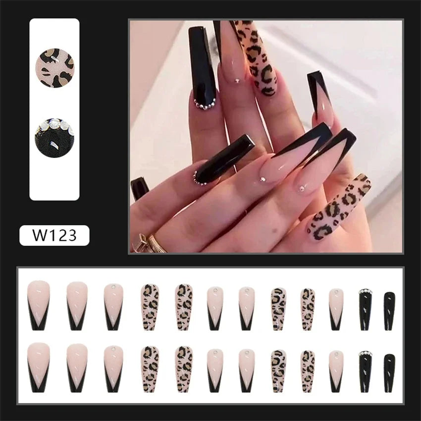 24p Artificial Acrylic Nail Art Fake Nails Full Coverage Removable Pressing Nail Tips Lotus Root Pink Leopard Print False Nails