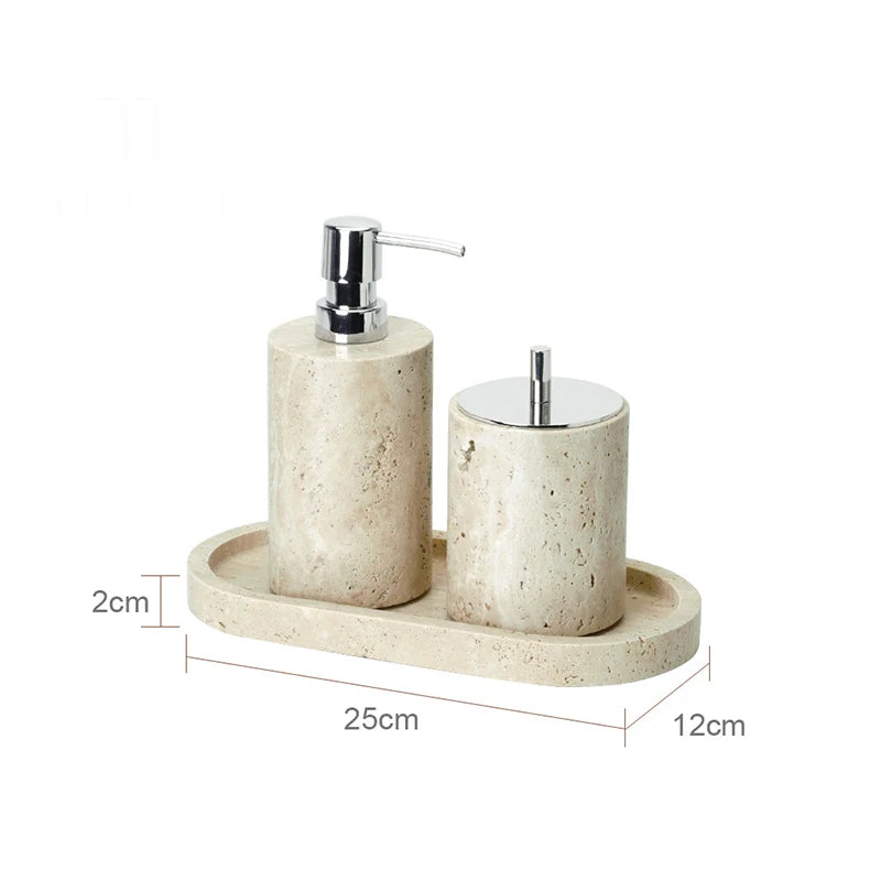 Beige Travertine Bathroom Accessories Set Natural Marble Soap Dispenser Soap Dish Reed Diffuser Vanity Tray Bathroom Set