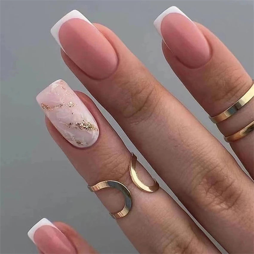 24Pcs Medium Long Ballet Fake Nails Art Flat Head Gold Line Frosted False Nails Press on Full Cover Removable Stick on Nail Tips