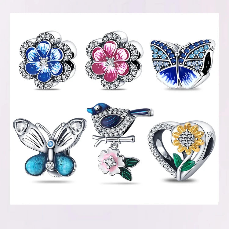 Fit Pandora 925 Original Bracelet 925 Silver Plate Flower Bird Series Charms Beads For Women Fashion DIY Jewelry Gifts Making