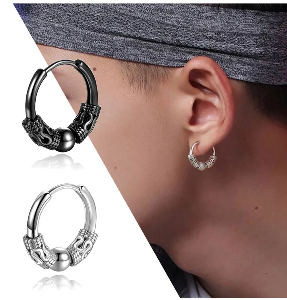 1Pair Punk Stainless Steel Round Circle Totem Hoop Earrings For Men Women Not Fade Ear Rings Hip Hop Male Jewelry