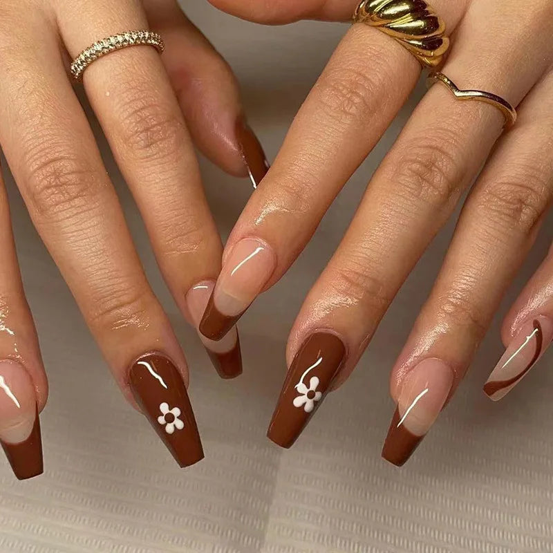 24ps/Box Long Ballerina Full Cover Artificial French False Nails Art Green Graffiti Color Blocking Gold Thread Fake Nail Tips