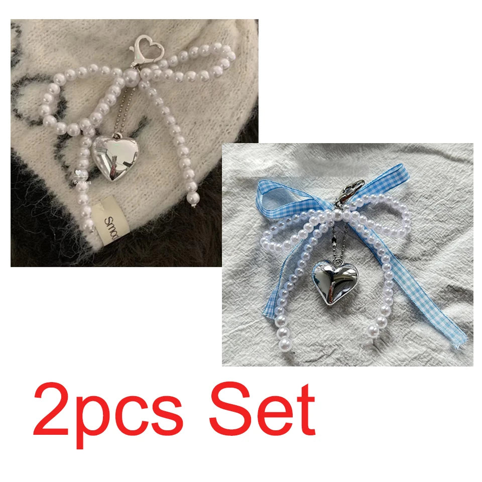 ZAKOL White Bowknot Heart Keychain Women Sweet Charm Pearl Bow Backpack Key Ring Handmade Jewelry Ornament Bags Pendants Gif